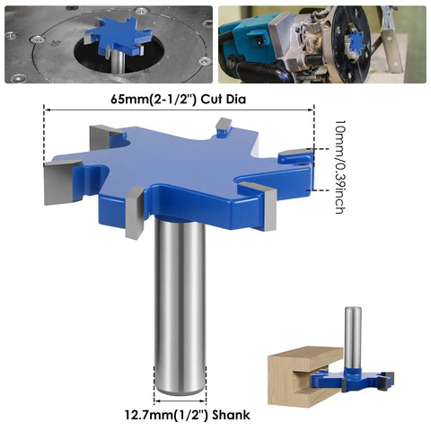 Beast Slab Flattening Router Bit 1/2 Inch Shank 2-1/2 Inch Cutting Diameter 6 Flute Surfacing Bit installed and details
