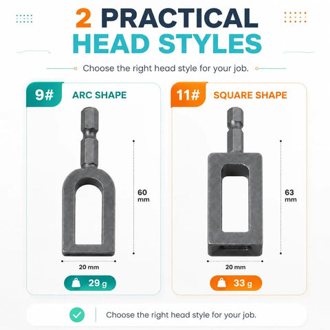 Heavy Duty Electric Drill Wire Twisting Tool With 1/4 Inch Hex Shank, featuring arc and square head styles for versatile use.