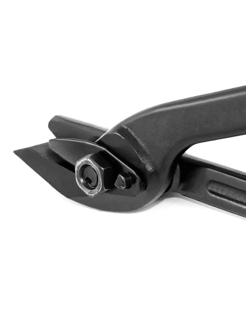 Close-up of Heavy Duty Strapping Cutter Made For Tough Jobs 12 Inch Adjustable Snips showing sharp carbon steel blades.