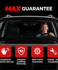 Driver smiling behind the wheel of a car with MAX guarantee icons below for customer service, warranty, value, and installation.