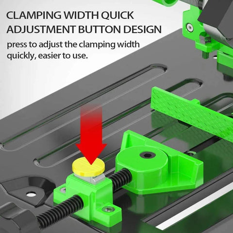 Close-up of Universal Angle Grinder Stand Converter And Workstation Bracket for 100 115 125mm Grinders showing clamping adjustment