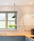 Totally Sleek Modern Green Plug In Pendant Light Featuring Heavy Duty Metal Barn Style Hanging Swag Lamp With Retro Macaron Shade in kitchen.