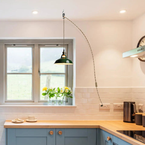 Totally Sleek Modern Green Plug In Pendant Light Featuring Heavy Duty Metal Barn Style Hanging Swag Lamp With Retro Macaron Shade in kitchen.