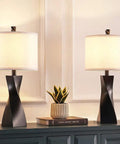 Two Pack Black Table Lamps With White Linen Shades For Bedroom And Living Room End Tables Set Of 2, Easy Three Minute Assembly