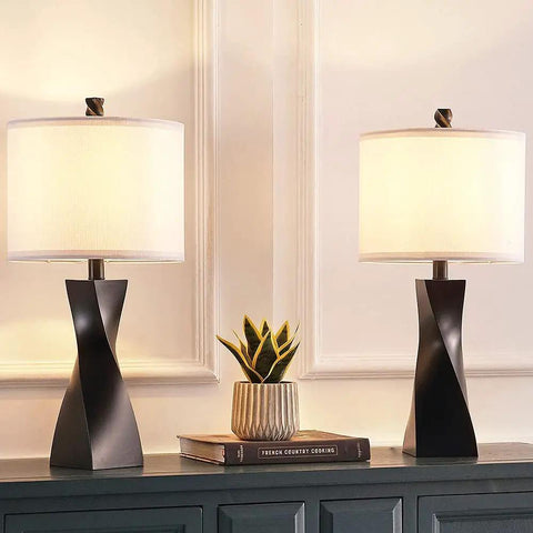Two Pack Black Table Lamps With White Linen Shades For Bedroom And Living Room End Tables Set Of 2, Easy Three Minute Assembly