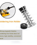 Soldering iron holder with magnetic base for stability, part of Magnetic Third Hand Soldering Station With 3X LED Magnifying Glass.