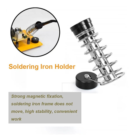 Soldering iron holder with magnetic base for stability, part of Magnetic Third Hand Soldering Station With 3X LED Magnifying Glass.