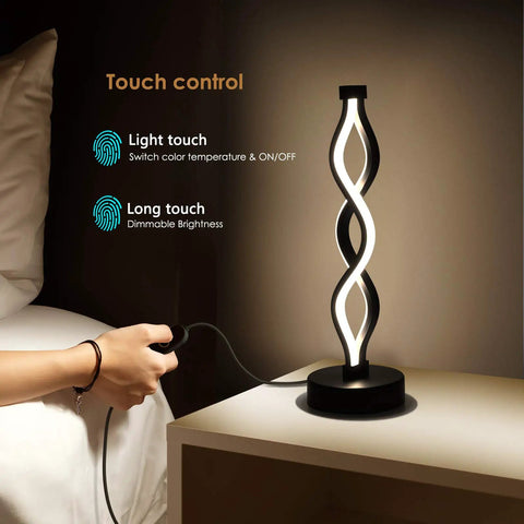 Spiral LED Table Lamp With Dimmer In Slick Black Finish Touch Control Bedside Light shown on a nightstand with touch control