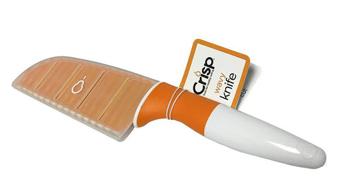 Crinkle-cut kitchen knife with orange handle and white grip; wavy blade for vegetables