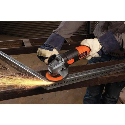 Worker using Beefy 4-1/2 Inch Angle Grinder With 6.5 Amp Motor Heavy Duty Metal Gear Case 3 Position Side Handle on metal beam