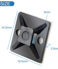 100 Pieces Black Self Adhesive Cable Zip Tie Mounts Three Quarter Inch Nylon Clips with dimensions shown