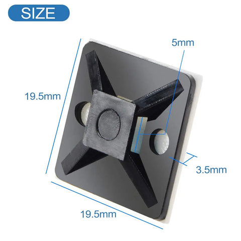 100 Pieces Black Self Adhesive Cable Zip Tie Mounts Three Quarter Inch Nylon Clips with dimensions shown