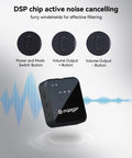 DSP active noise cancelling feature of 3 in 1 Wireless Lavalier Microphone Clip-On for iPhone Android and Camera with control buttons
