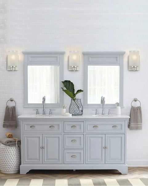 Image of 2 Pack Dope Modern Vanity Light Fixtures Wall Sconces With White Linen Frosted Glass Shades And Brushed Nickel Finish