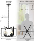 Dimensions and details of Six Light Black Farmhouse Chandelier Featuring Smooth Geometric Frames Slick Industrial Ceiling Fixture Solid Metal Edison Socket.