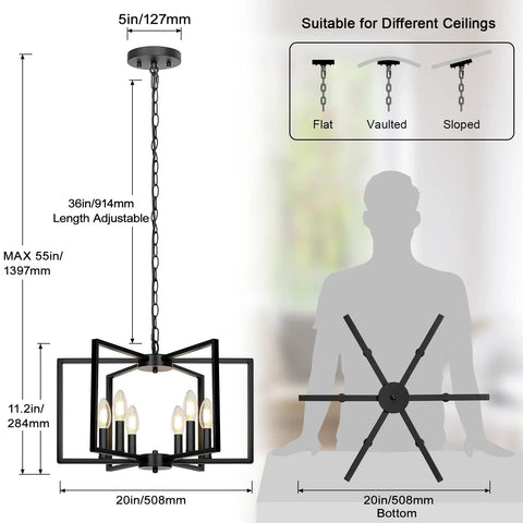 Dimensions and details of Six Light Black Farmhouse Chandelier Featuring Smooth Geometric Frames Slick Industrial Ceiling Fixture Solid Metal Edison Socket.