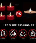 Four red tealight LED flameless candles with no risk of fire, alongside a Three Pack Flameless Battery Operated LED Candles With Embedded Starlight String Lights, Flickering Cozy Real Wax Look, 10 Key Remote, Safe No Open Flame, Ideal For Seasonal Decor And Festive Tabletop Vibes, showing safety icons.