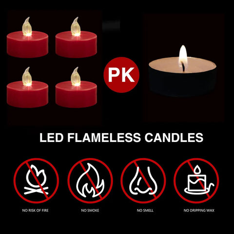 Four red tealight LED flameless candles with no risk of fire, alongside a Three Pack Flameless Battery Operated LED Candles With Embedded Starlight String Lights, Flickering Cozy Real Wax Look, 10 Key Remote, Safe No Open Flame, Ideal For Seasonal Decor And Festive Tabletop Vibes, showing safety icons.