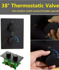 Upgrade Your Digs With This Premium Black Ceiling Mounted Shower System Combo Featuring A Giant 20 Inch Rain Shower Head, Pulsating Body Jets, And An Adjustable Handheld Wand Giving You Comfort And Style For Everyday Routines That Hit Hard!. Image of a 38° thermostatic valve with multi-control knobs for shower system.