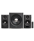 Front view of Dope 2.1 Bluetooth Speaker System with Wireless 8 Inch Subwoofer 150W Tri Amp Hi Res Audio, remote included.