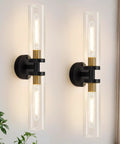 Black And Gold Wall Sconces Set Of Two With Thick Clear Glass Shades Modern Bathroom Lighting For Mirror Vanity Bedroom Hallway, elegant design.