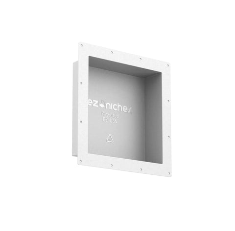 No-Brainer Tile Niche Recess For Bathrooms 14 By 14 Inch Preformed Shower Shelf shown in white material