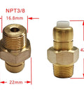 No Nonsense 3/8 Inch NPT Thermal Relief Valve for electric pumps, brass, dimensions 16.8mm x 22mm, showing threads and cap
