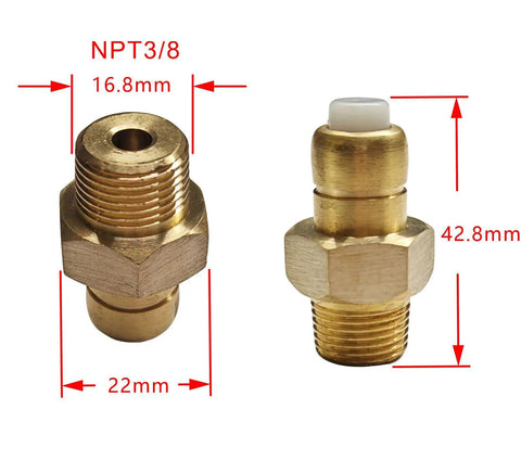 No Nonsense 3/8 Inch NPT Thermal Relief Valve for electric pumps, brass, dimensions 16.8mm x 22mm, showing threads and cap