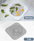 Heavy Duty Two Pack Square Hair Drain Catcher And Tub Filter With Grip Tight Suction Pads To Keep Your Shower Bathtub And Kitchen Sink Totally Clear Grey in kitchen and tub.