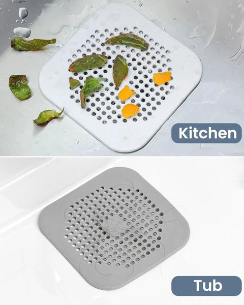 Heavy Duty Two Pack Square Hair Drain Catcher And Tub Filter With Grip Tight Suction Pads To Keep Your Shower Bathtub And Kitchen Sink Totally Clear Grey in kitchen and tub.