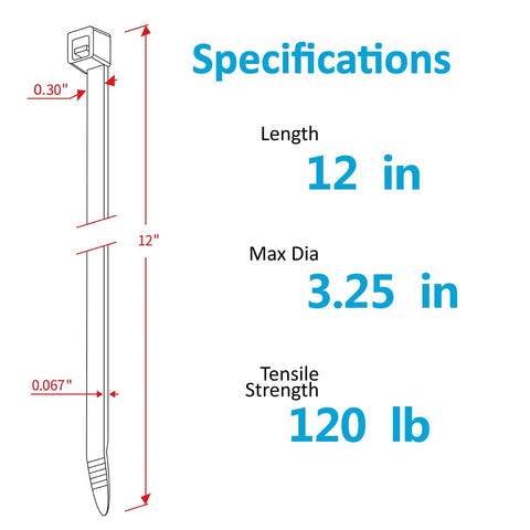 Diagram of Heavy Duty 12 Inch Zip Ties With 120 Pound Tensile Strength Black Cable Ties 100 Pack Built For No Fuss Indoor Fixes And Quick Organization Solutions For Home And Work Use showing dimensions.