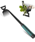 Weed Remover Tool for Gardening, Portable Weeder with 6 Teeth, Stainless Steel Hand Tool with ergonomic green handle.