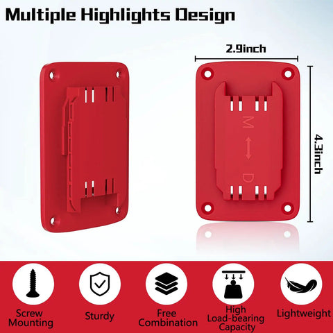 Beefy Heavy Duty Tool Holder Mount Kit for Power Tools, red, with four screw holes, fits Milwaukee M18 and Dewalt 20V 12V drills