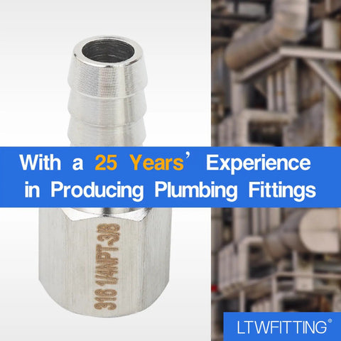Premium 316 Stainless Steel Barb Coupler 3/8 In Hose Id With 1/4 In Female Npt Thread Fitting close-up view on plumbing background.