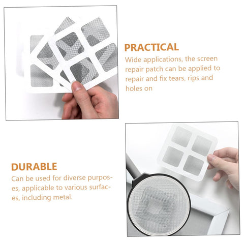 Hands holding DIY Window And Door Screen Patch Kit With 20 Fiberglass Mesh Patches for quick fixes on various surfaces.