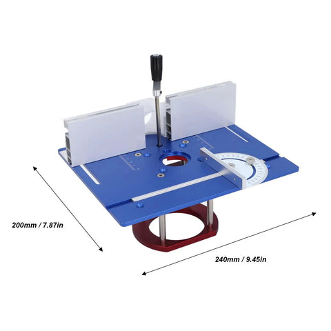 Premium Manual Router Table Lift Base featuring smooth height adjustment, aluminum build, and precise measurements for woodworking.