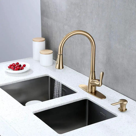 Brushed Gold Kitchen Faucet With Pull Down Sprayer And Soap Dispenser, Deck Plate Included, Fits Single Hole Or Three Hole Install