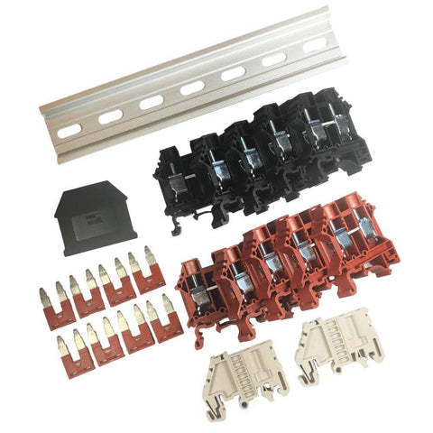 10 Gang DIN Rail Terminal Block Assembly Kit With Jumpers Red And Black For Solar And Power Distribution Pro Grade Installer Friendly UL 600V Rating UL 60A Rating 6 20 AWG Made In USA