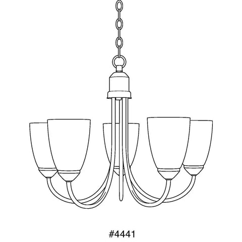 Five Light Etched Glass Traditional Chandelier In Brushed Nickel From Gather Collection. Line drawing showing side view and chain mount.