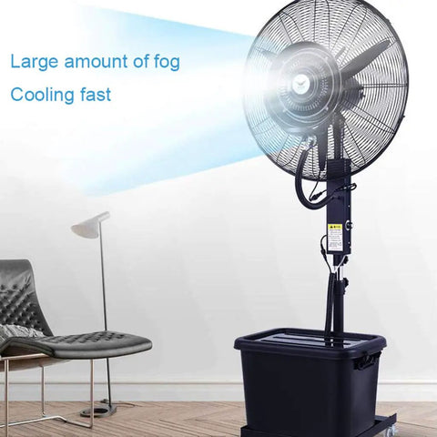 Kick Some Serious Heat With This Heavy Duty Misting Floor Fan Featuring Smooth Oscillation Adjustable Height Settings And Blazing Airflow For Total Summer Relief with large fog output.