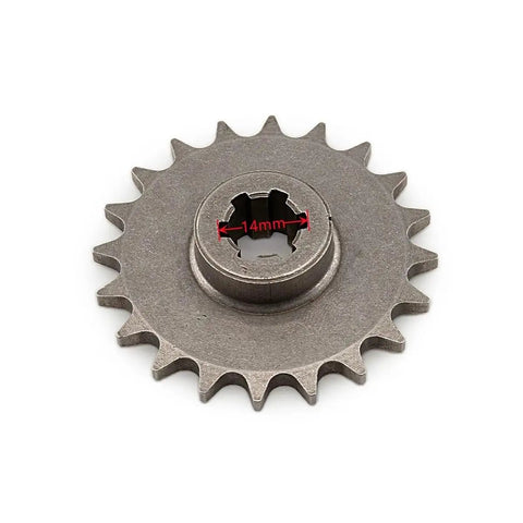 Heavy Duty Steel Front Drive Sprocket Compatible With 47Cc And 49Cc ATVs Using T8F Chain Specs Offered In 11 To 20 Tooth Variants, 14mm hole detail.