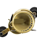 Top view of Saltwater Fishing Reels 300XG 300XGHL 400XG Left Or Right Hand Bait Casting Reel with EVA handle in gold finish.