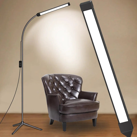Led Floor Lamp For Eyelash Extensions And Makeup Standing Light next to a dark brown leather armchair