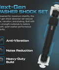 Next-gen washer shock absorber set with anti-vibration, noise reduction, and heavy-duty build features highlighted