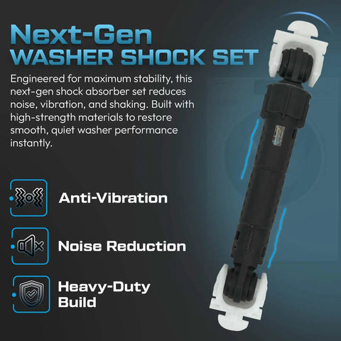 Next-gen washer shock absorber set with anti-vibration, noise reduction, and heavy-duty build features highlighted