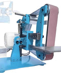 1100W Industrial Bench Sander With Bidirectional Sanding And Brushless Motor High Power Planer For Woodworking Projects side view of blue bench sander with adjustable feed and robust motor