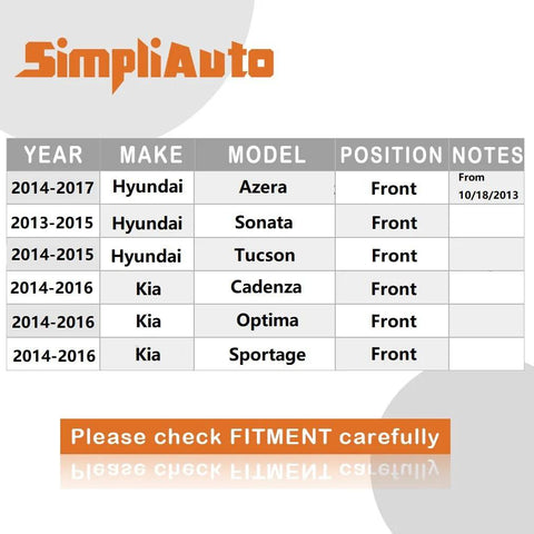 Fitment chart for Front Wheel Hub Bearing Assembly Direct Replacement Compatible With Hyundai and Kia vehicles.