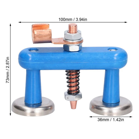 Heavy Duty Welding Support Clamp With Adjustable Spring And Strong Suction Holds Metal Grounding steady; blue, copper, 73mm height, 100mm length.