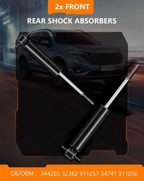 Chevy Front Shock Absorber Set For RWD Trucks And SUVs 1988 To 2002 Fits C1500 Suburban C2500 C3500 Express 1500 2500 3500 Tahoe GMC 2pc Heavy Duty Auto Shocks And Struts 344265 in front of a truck image showing two black shocks