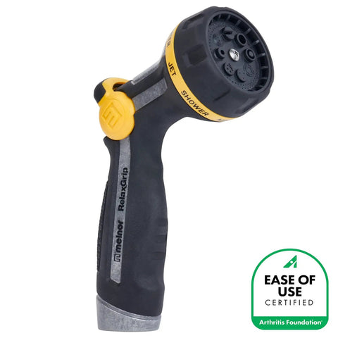 RelaxGrip Metal Garden Nozzle With Multi Pattern Spray Arthritis Foundation Ease Of Use Certified Quick Connect Bundle Durable Metal Threads Pain Free Grip For Hands And Wrists Black And Yellow